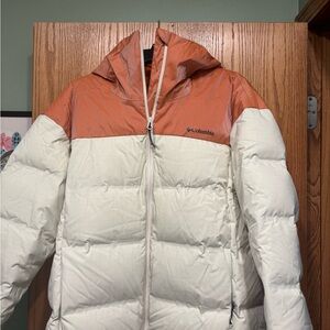 Columbia Two-Tone Puffer Jacket in Orange and Cream